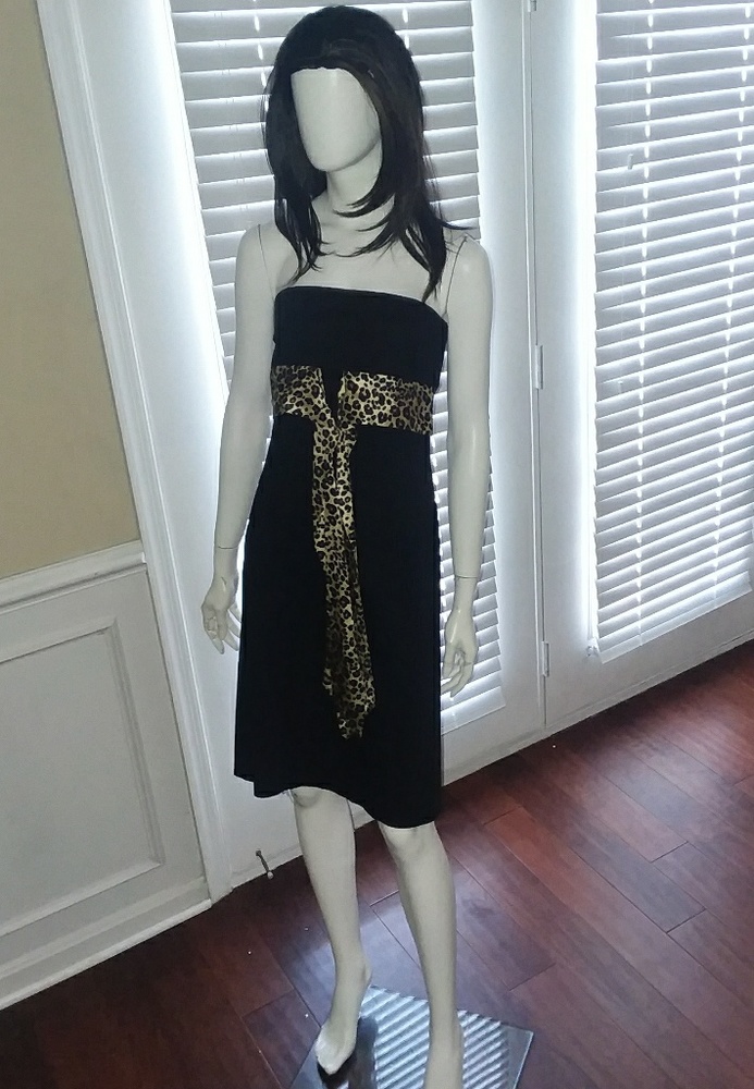 Black Strapless Dress with Animal Print Belt